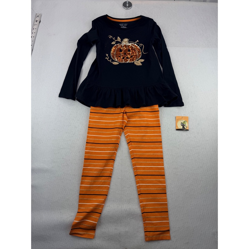 Spooky Night Girls Halloween Pumpkin Sequin Peplum Top & Striped Legging Set 7/8